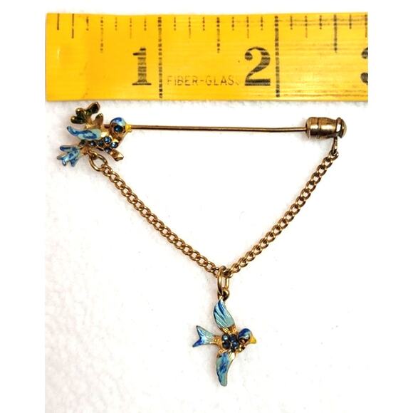 VTG Art Nouveau Style Bluebird of Happiness Stick Lapel Pin Brooch Dangle Charm - Picture 6 of 7
